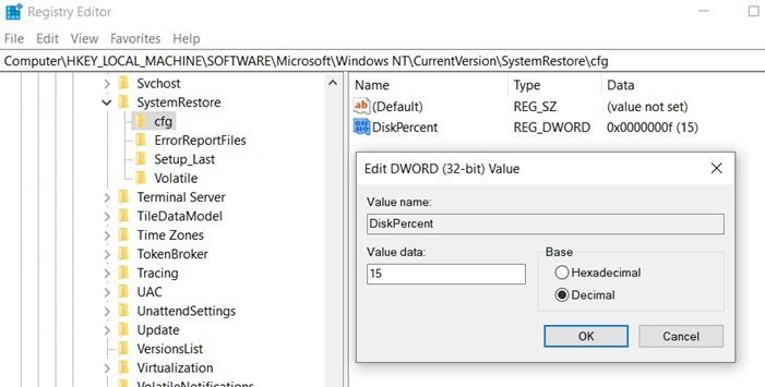 System Restore Percentage Registry