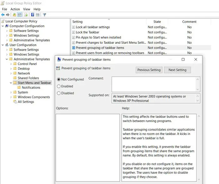 Taskbar grouping group policy