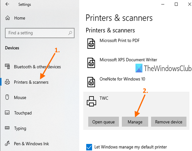 access printers and scanners page and use manage button for a printer