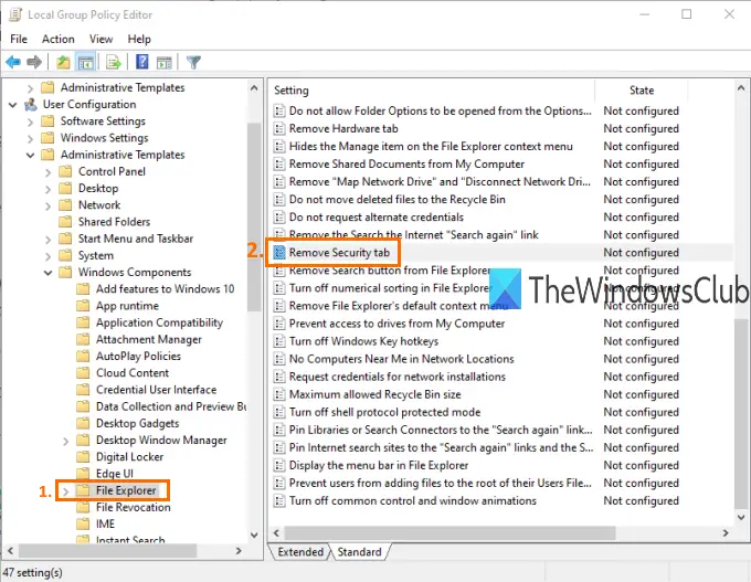 access remove security tab setting under file explorer folder