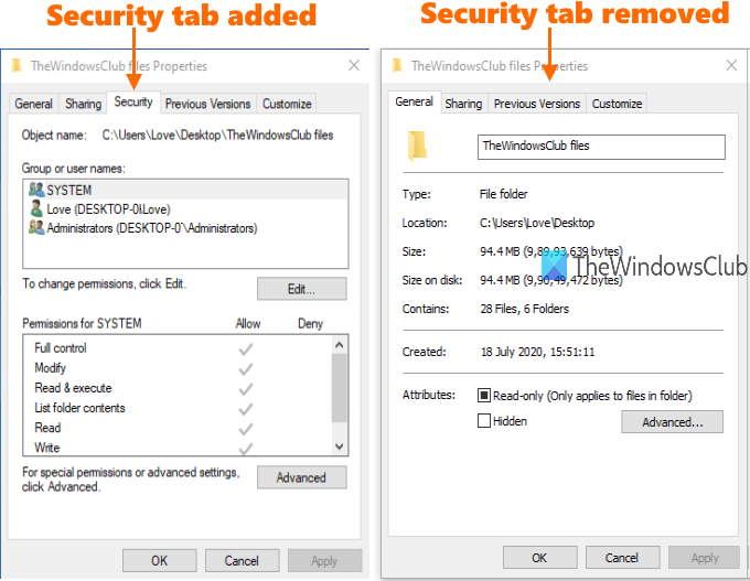 add or remove security tab in windows 10