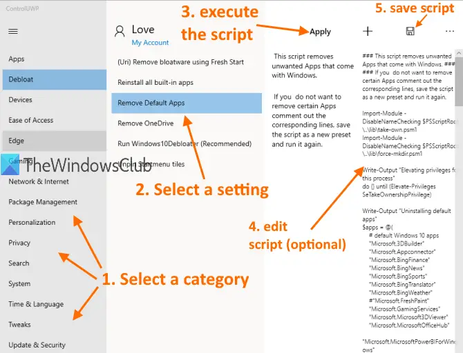 browse categories and execute script for selected setting