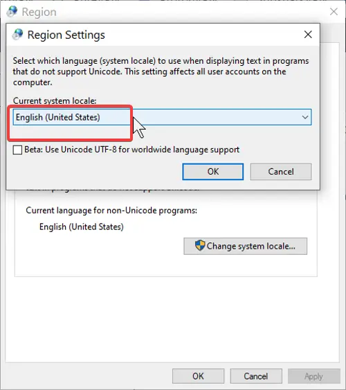 change system locale to united states