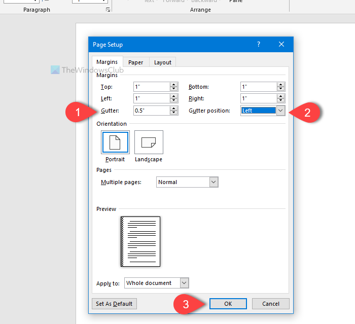 How to change default Gutter size and position in Word