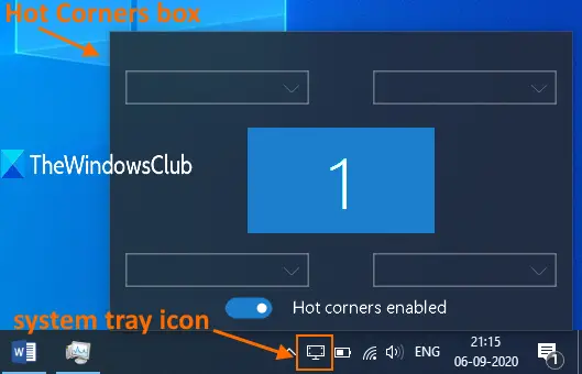 click system tray icon to open hot corners box
