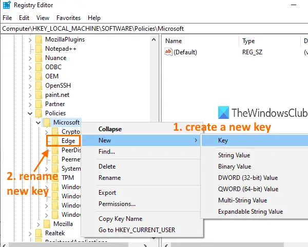 create edge key under microsoft key