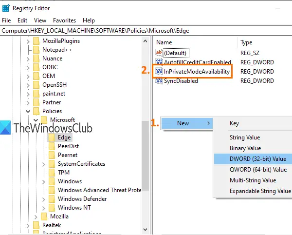 create inprivatemodeavailability dword value