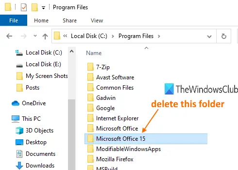 delete microsoft office installed version folder