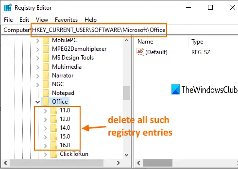 delete registry keys under Office registry key
