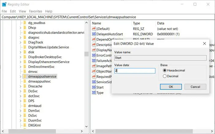 dmwappushservice service registry editor