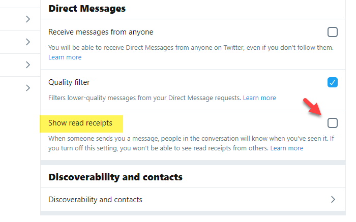 How to enable or disable read receipt for Twitter direct messages