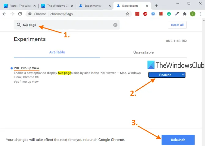 enable pdf two up view feature and relaunch browser