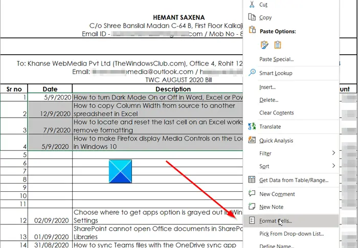 Format Cells Option