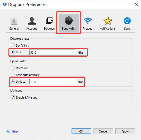 Limit Dropbox bandwidth usage