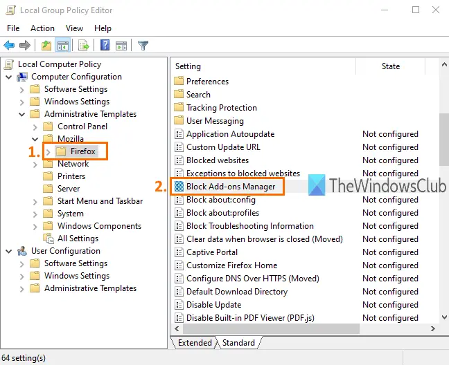 open block add-ons manager setting under firefox folder in group policy