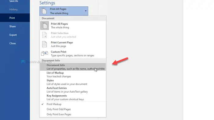 How to print document properties while printing Word document