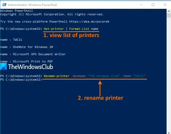 rename a printer using windows powershell