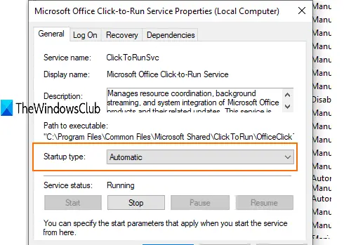 set microsoft office click to run service to automatic