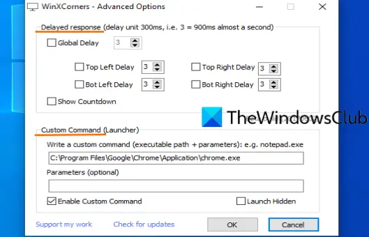 set time delay and custom command using advanced options