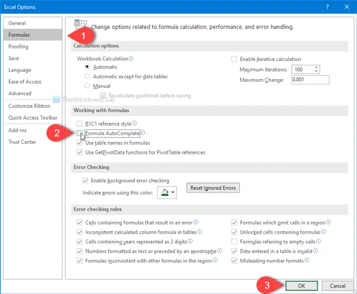 How to show or hide list of formulas while typing in Excel