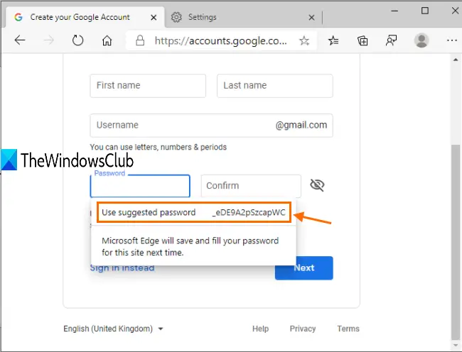 strong password suggestion box visible in microsoft edge