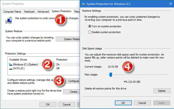 system restore disk space usage