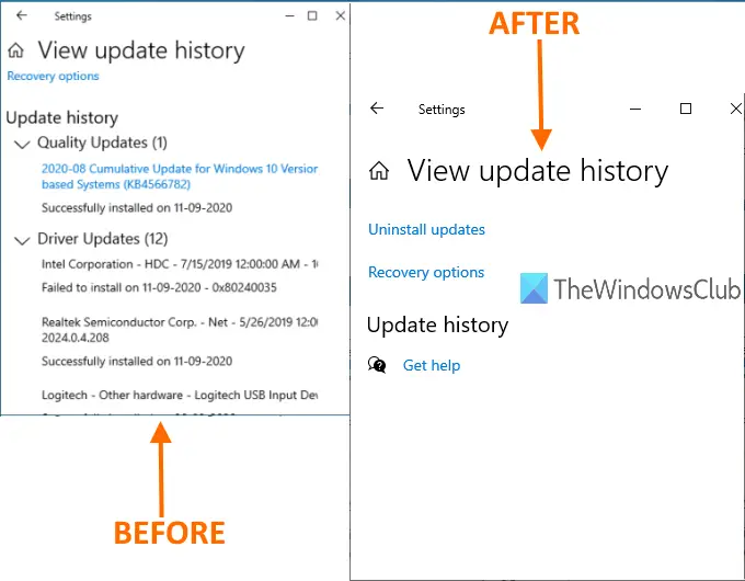 update history cleared in windows 10