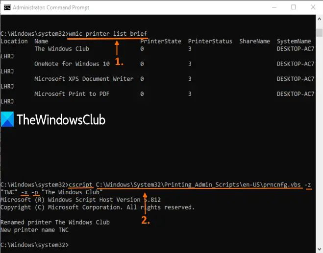 use command prompt to rename a printer