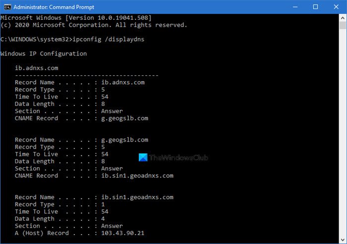 View DNS cache contents cmd