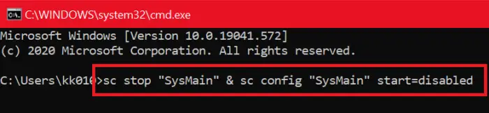 Command Prompt SysMain disable