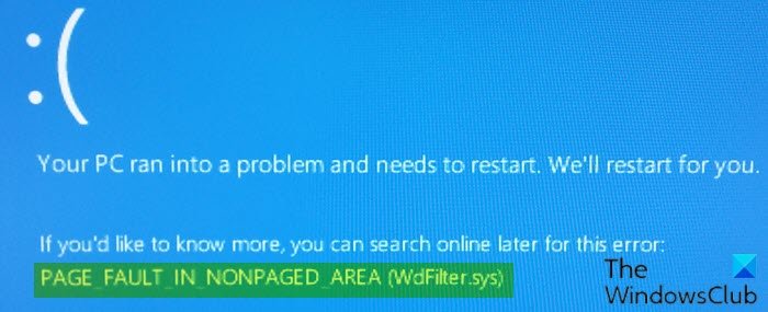 PAGE_FAULT_IN_NONPAGED_AREA (WdFilter.sys) Blue Screen error