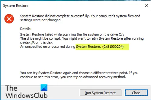 System Restore error 0x81000204