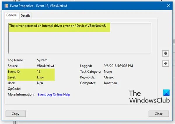 The driver detected an internal driver error - Event ID 12