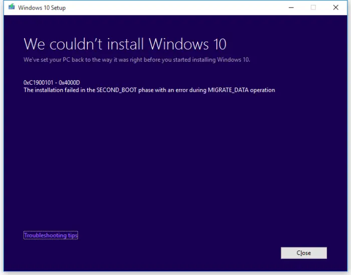 Windows 10 Upgrade Error - 0xC1900101 - 0x4000D