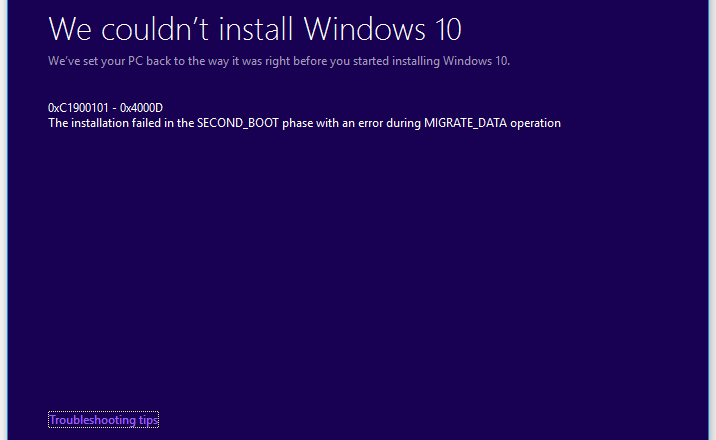 Windows 10 Upgrade Error - 0xC1900101 - 0x4000D