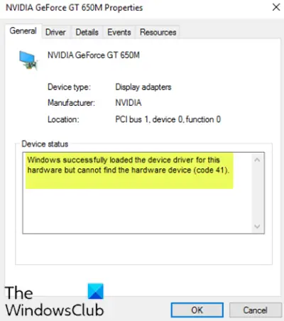 Windows successfully loaded the device driver Code 41