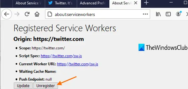 access about service workers page and press unregister