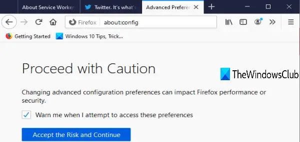 access configuration editor page of firefox