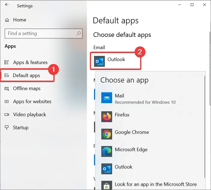 change outlook from default apps