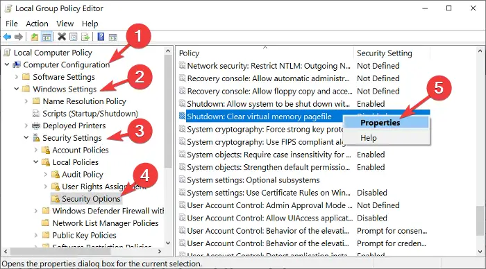 delete paging file on shutdown with group policy editor