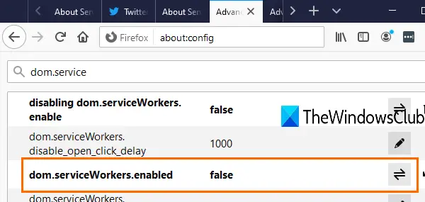 disable dom.serviceWorkers.enabled preference