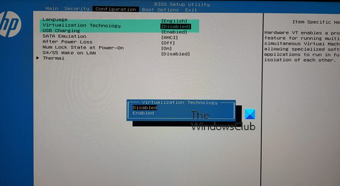 Enable or disable Hardware Virtualization in BIOS