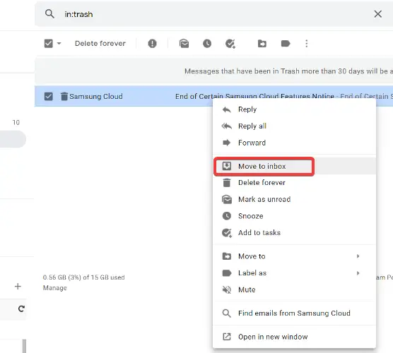move to inbox recover deleted email