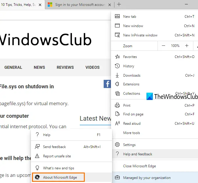 open about microsoft edge page to update browser