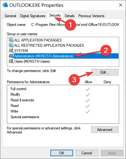 process properties security tab