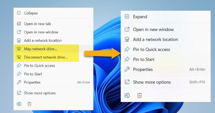 remove Map Network Drive and Disconnect Network Drive options