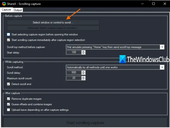 set scrolling capture options and press select window or control to scroll button