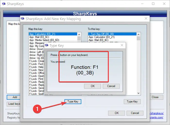 sharpkeys detected f1 pressed