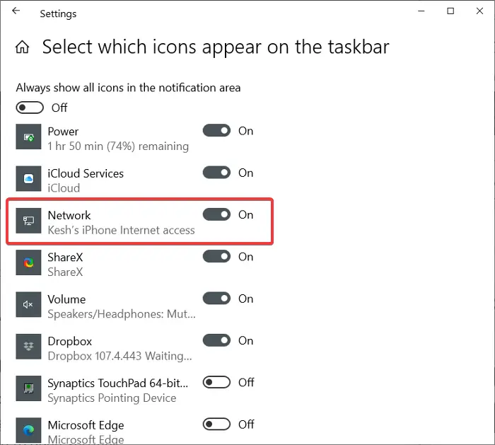 show wifi icon in taskbar