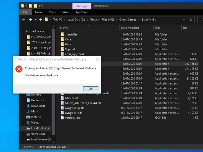 The stub received a bad data error message on Windows 10